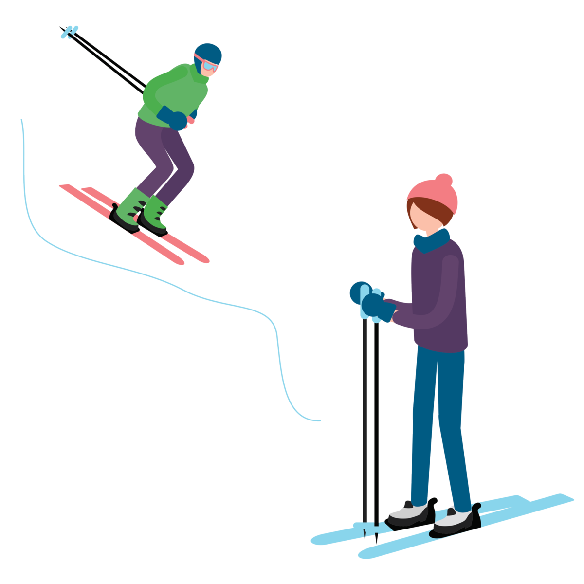 Illustration av en skidåkande människofigurer i blått och lila