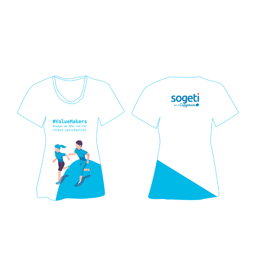 T-shirt med tryckt illustration i turkost och blått, figur med resväska bredvid en stiliserad glass eller bägare, exempel på grafiskt manér applicerat på textil