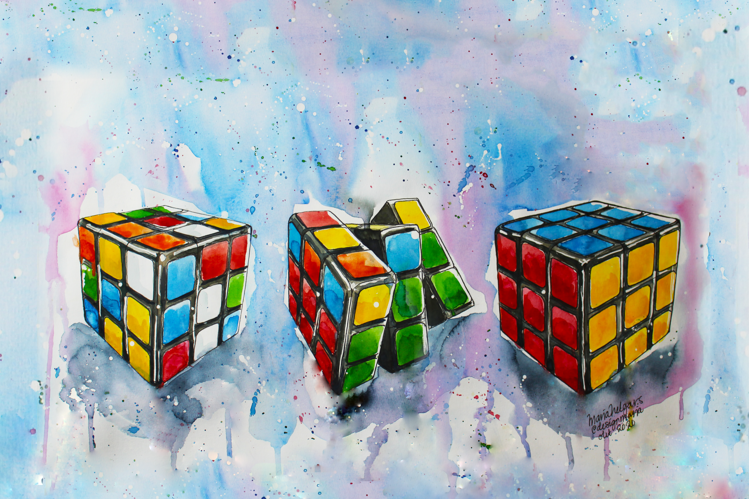 Illustrationer för företag – specialmålad målning med tre Rubiks kuber framtagen för Parasitus