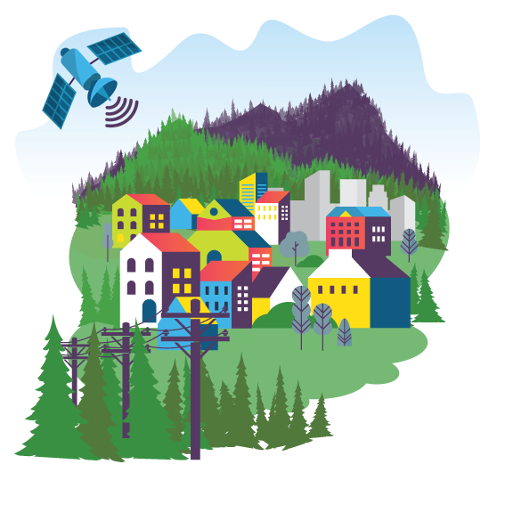 Illustrationer för företag – digital illustration för Sogeti med stad, skog och satellit