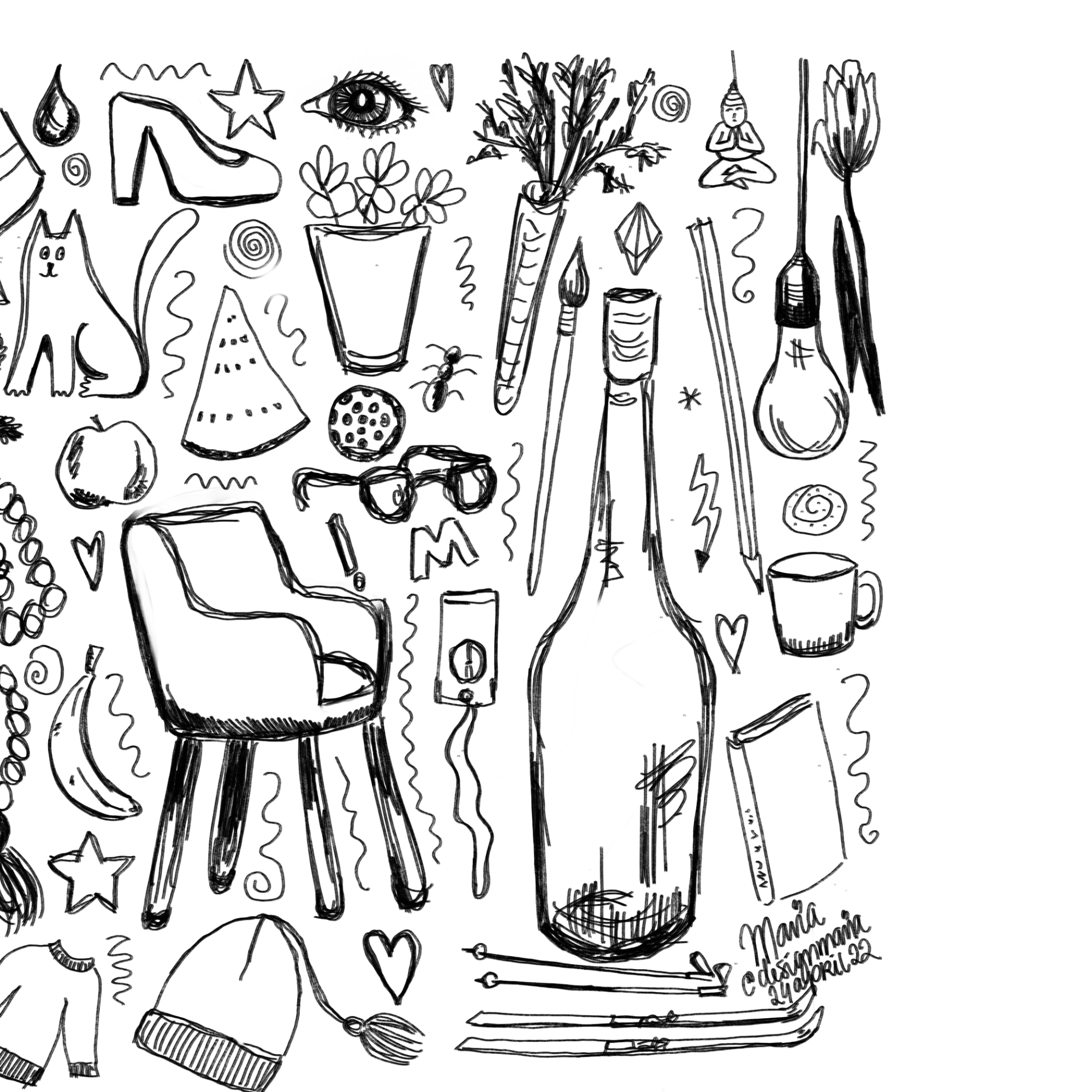 Digital illustration med doodles och vardagsföremål, skapad med ritplatta – exempel på digitalt ritande för grafisk profil