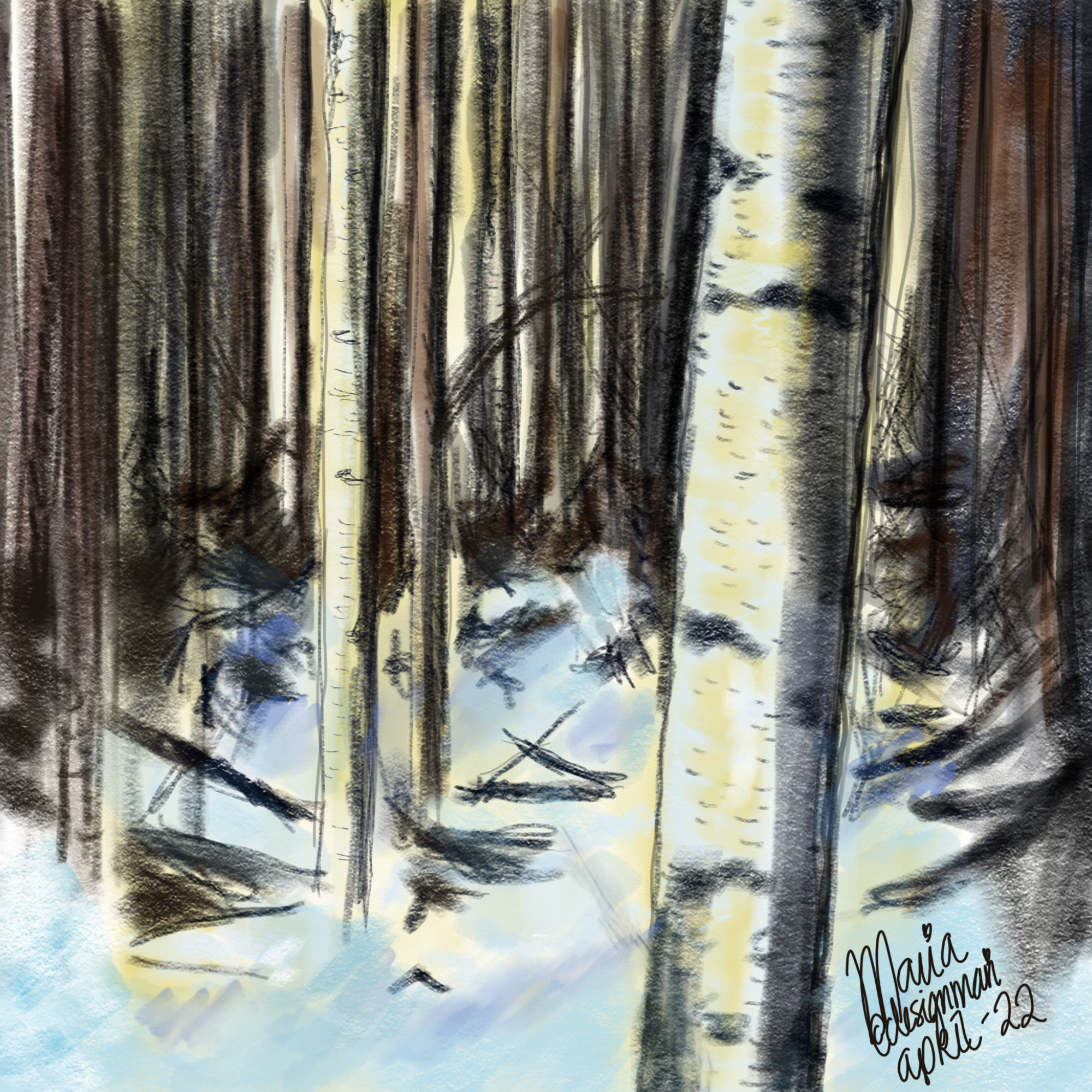 Digital illustration av björkskog i vinterlandskap, skapad med ritplatta – exempel på digitalt ritande med Samsung Galaxy Tab S6