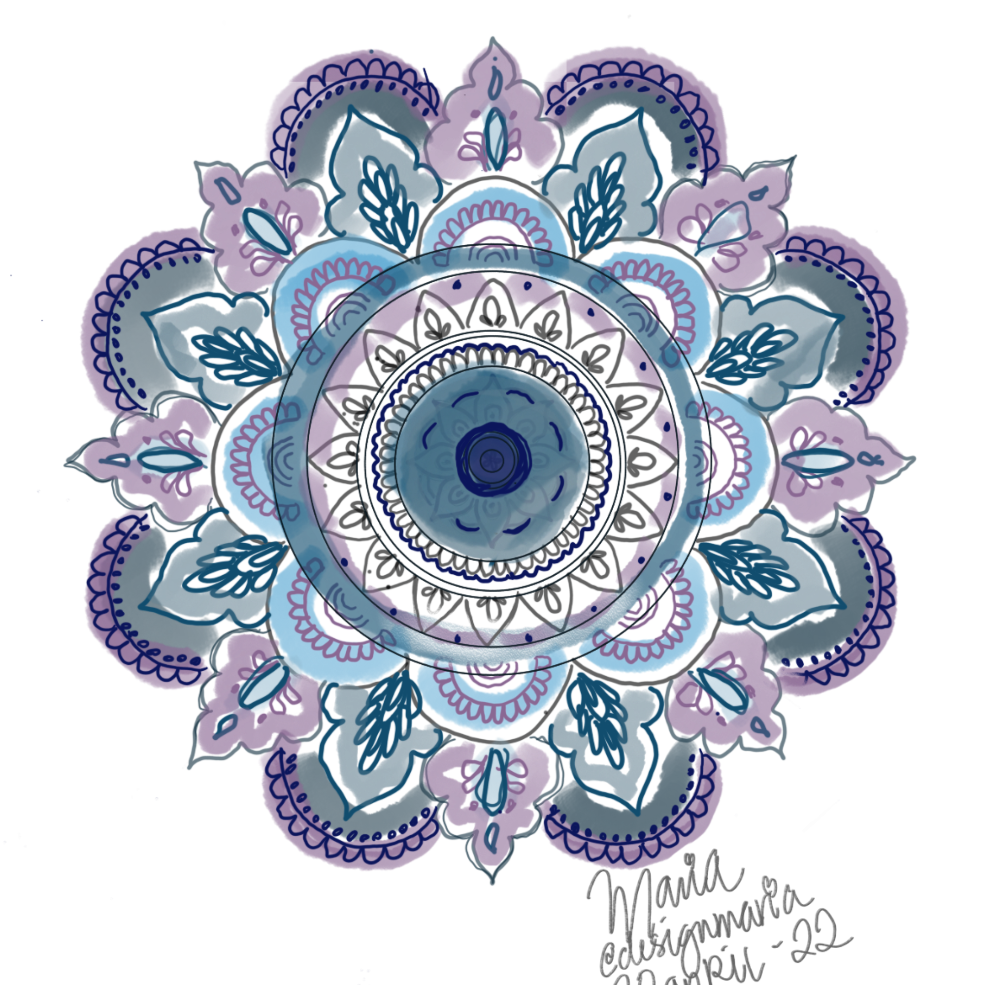 Rita digitalt - Digital illustration av mandala i lila och blå toner, skapad med ritplatta – exempel på digitalt ritande med Samsung Galaxy Tab S6